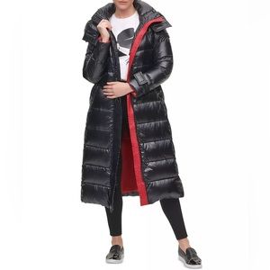 NEW Karl Lagerfeld Women's Belted Hooded Down Puffer Coat - Black, Large